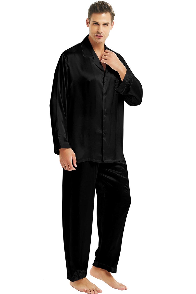 Lonxu طقم بيجامة حرير ساتان للرجال 3XL أسود داكن - Image 1